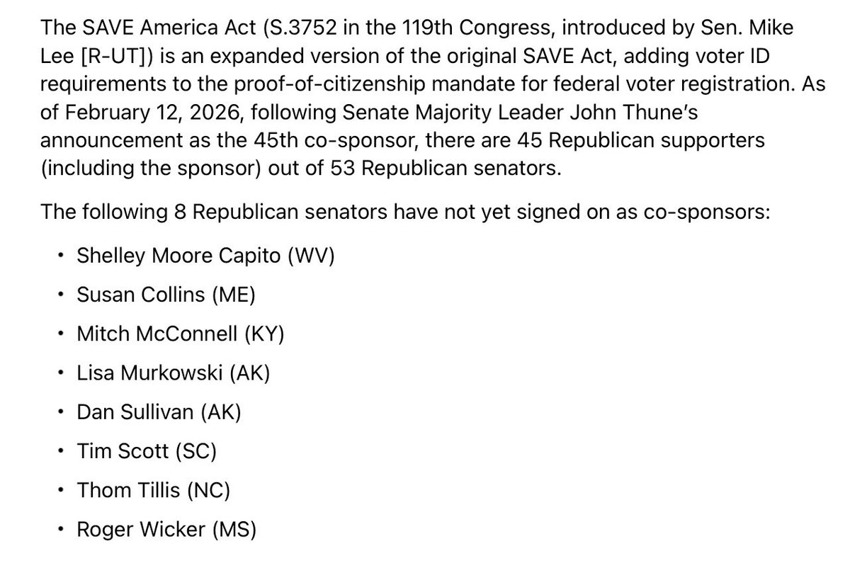FlagWavingVet1's tweet photo. @nicksortor @BasedMikeLee This should be the list of the senators who have NOT signed on as sponsors yet.   Some expected—a few surprises.  🇺🇸 https://t.co/bkA4hFVUYS