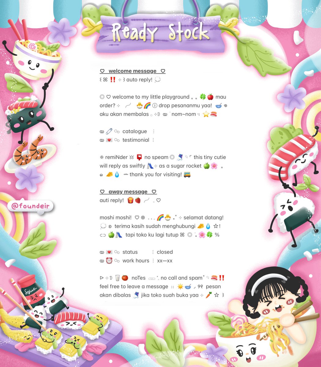 ⠀
. . 𓏲 🌸  ♡︭  help retweet?  thanks  ⊹

Ი ⑅ Ი 🧸 ₊ hemlO’ sobat imut . . ◎ 🥣 kath bawain ready stock 💭 𖦹 bundle welcome dan away wording  ⑅ 🎀🍰 𖠗 theme cute, pink and kidcore യ˚₊ 🍀 cek ALT for more  ៶៲៸

୨୧ 💌 ——— ꒰ IDR. 10.000 ꒱
ⓘ  #zonauang 🍦
⠀
