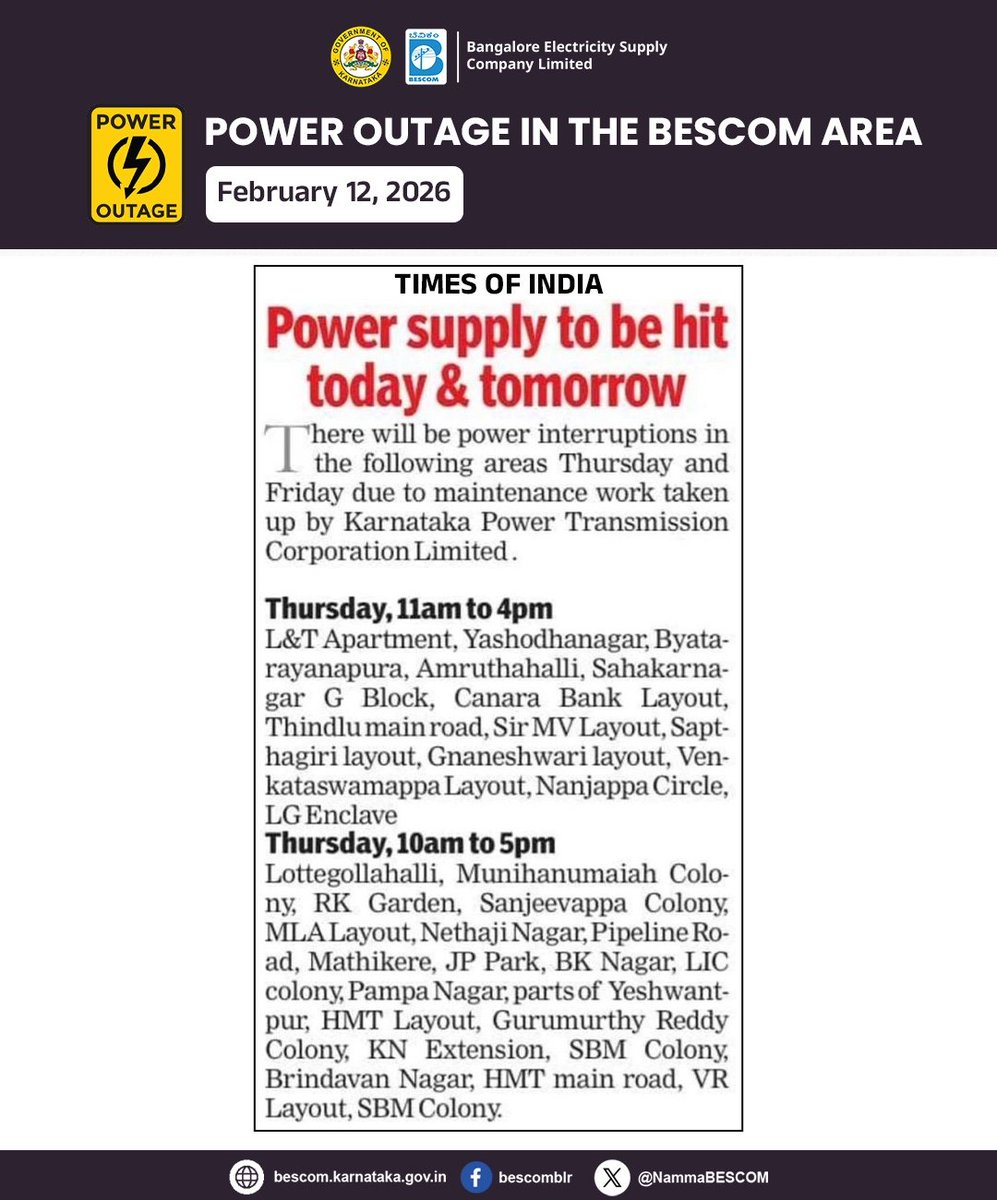 NammaBESCOM's tweet photo. Power outage in the Bescom area
February 12, 2026
#Bescom #Poweroutag https://t.co/vvbNLETWUs
