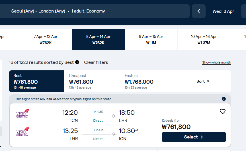 Virgin Atlantic is launching its direct London-Seoul route next month. Very competitive prices!

Around 760,000 won, hand luggage only.