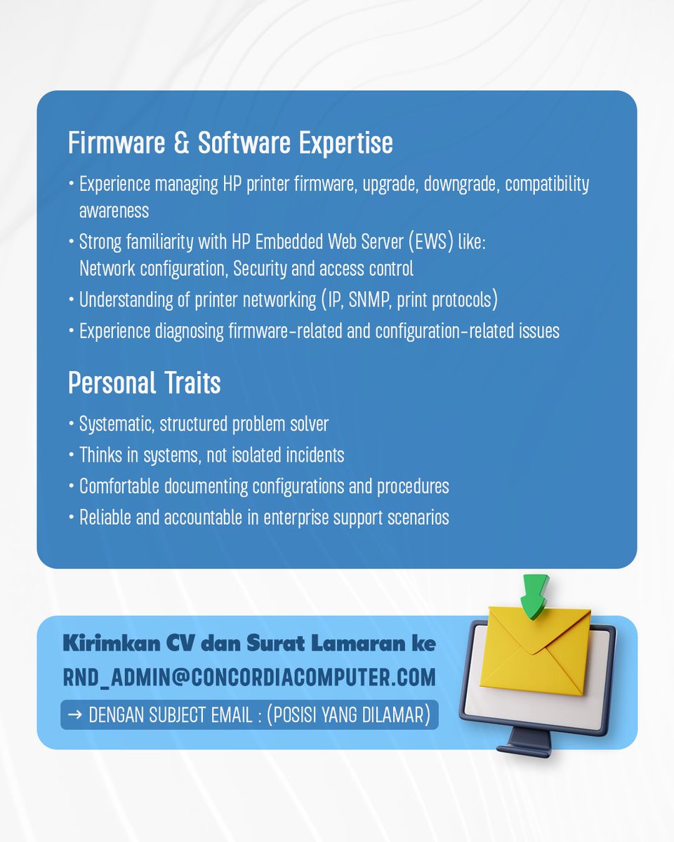 flashklik_id's tweet photo. 🚨 WE ARE HIRING – Enterprise Printer Engineer

Kualifikasi:
✅ 3+ tahun pengalaman handle enterprise-class printers
✅ Expert HP LaserJet / PageWide Enterprise
✅ Paham hardware, firmware &amp; troubleshooting sampai root cause
✅ Familiar dengan EWS &amp; printer networkin https://t.co/UEa8nnSjUS