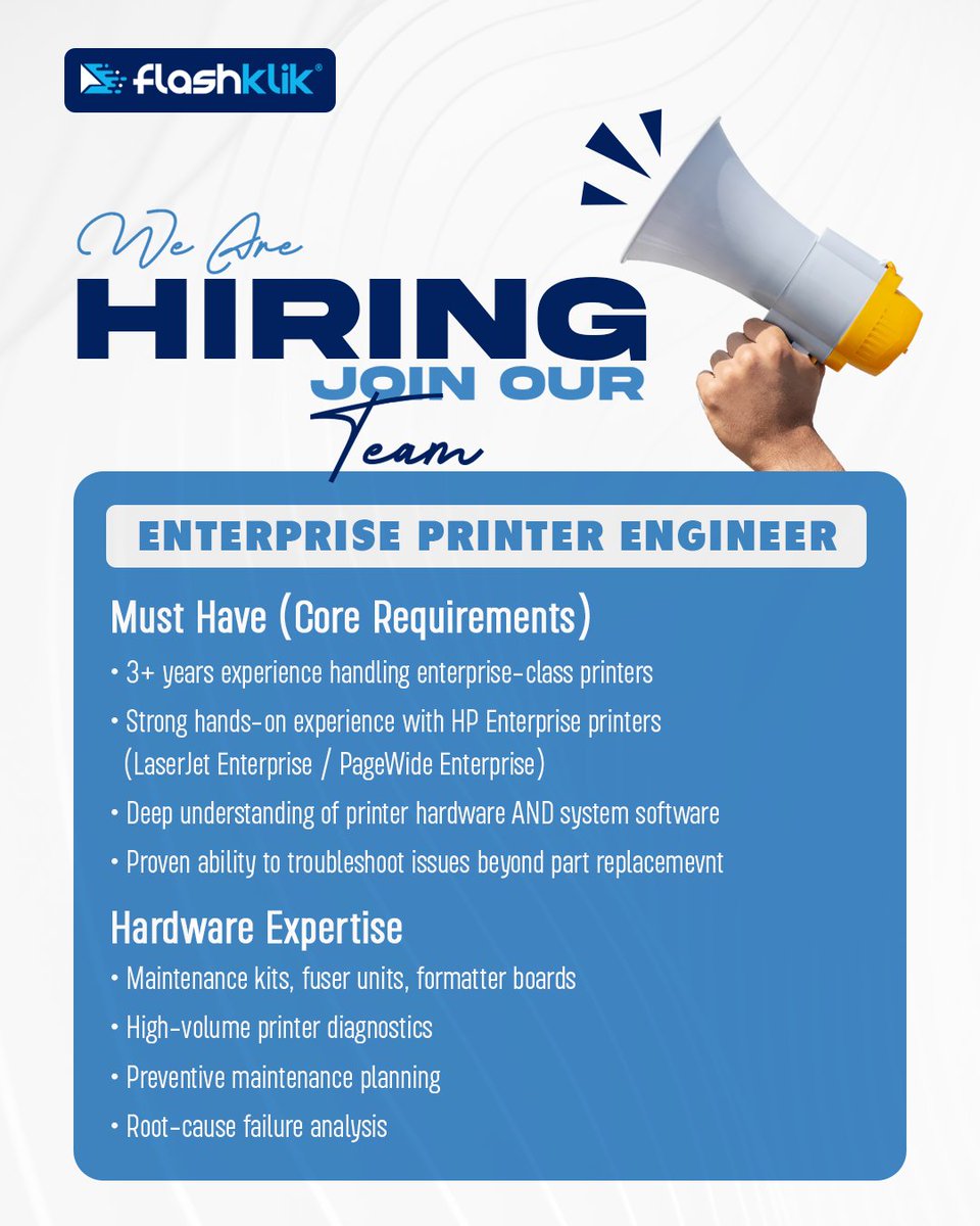 flashklik_id's tweet photo. 🚨 WE ARE HIRING – Enterprise Printer Engineer

Kualifikasi:
✅ 3+ tahun pengalaman handle enterprise-class printers
✅ Expert HP LaserJet / PageWide Enterprise
✅ Paham hardware, firmware &amp; troubleshooting sampai root cause
✅ Familiar dengan EWS &amp; printer networkin https://t.co/UEa8nnSjUS