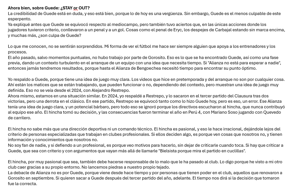 El fragmento más importante de una larga reflexión sobre el partido y sobre Guede, que acabo de postear en una publicación de YouTube.

youtube.com/post/UgkxNZqAU…