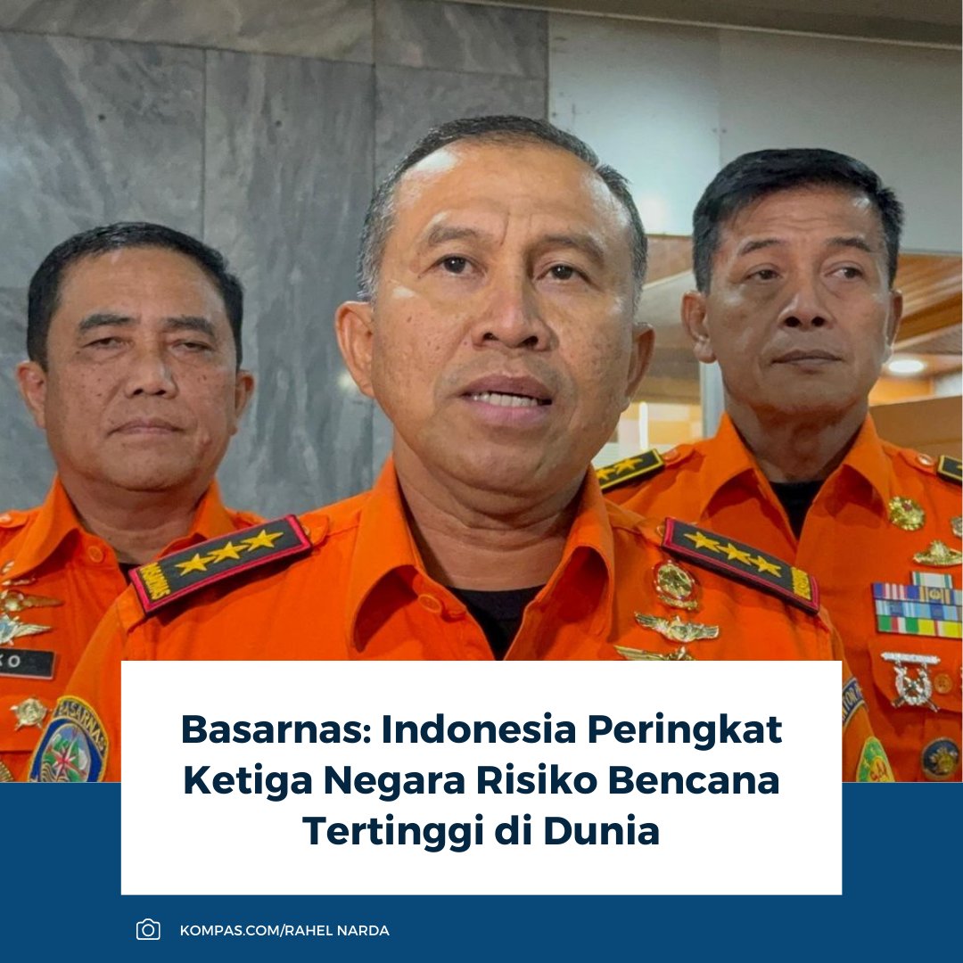 kompascom's tweet image. Indonesia peringkat ketiga negara dengan risiko bencana tertinggi dunia, kata Kepala Basarnas Mohammad Syafii. Kondisi ini membuat Basarnas menghadapi tantangan, termasuk ancaman megathrust dan dampak perubahan iklim.

Baca selengkapnya: nasional.kompas.com/read/2026/02/1…

~RK #basarnas