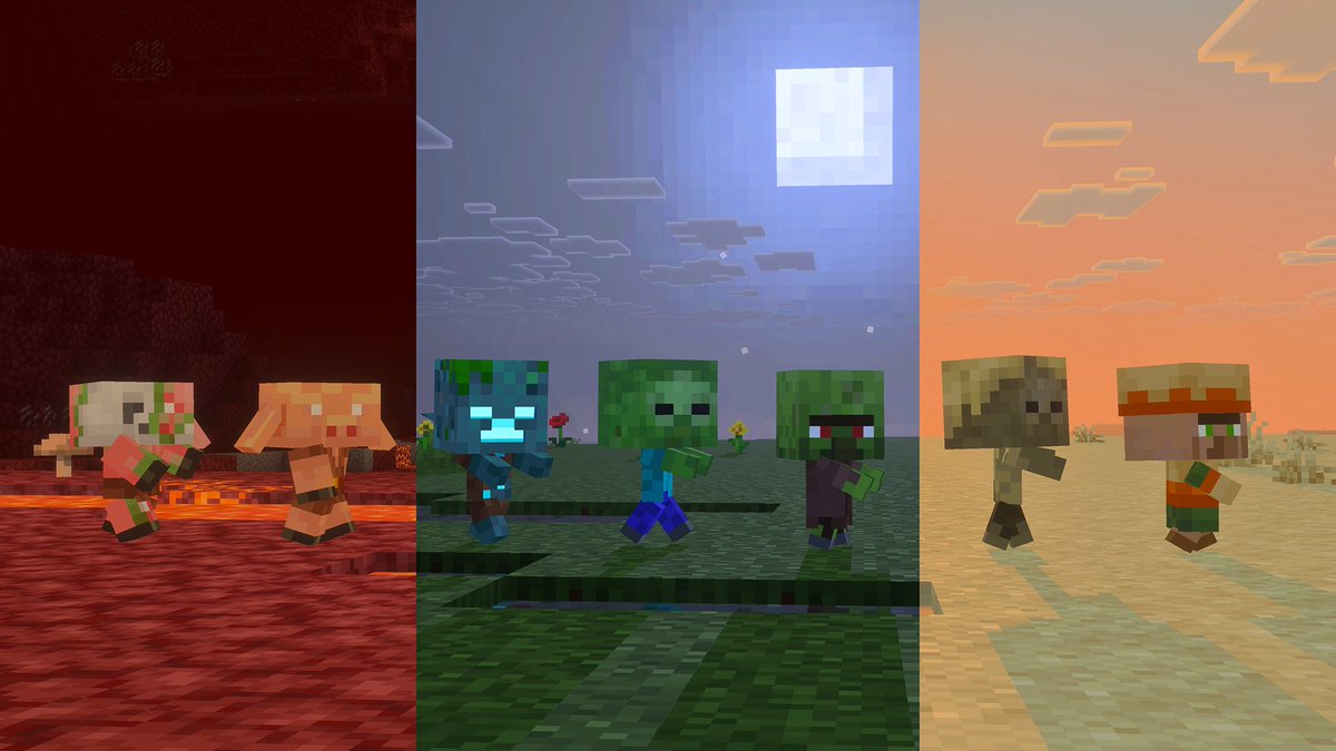 minecraftjapan's tweet photo. 敵対的な子どもモブたちに
新しい見た目が登場です！🥹

可愛く恐ろしい姿をお見逃しなく！
🧟💀🐷🔱🧑‍🌾

音符ブロックにトランペットも追加🎺🎶

Java版スナップショットと
Bedrock版プレビュー/ベータで
今すぐお試しできます🎮

詳細はこちら🔽
https://t.co/jmJi8eeReP https://t.co/HQs9xJq3t9