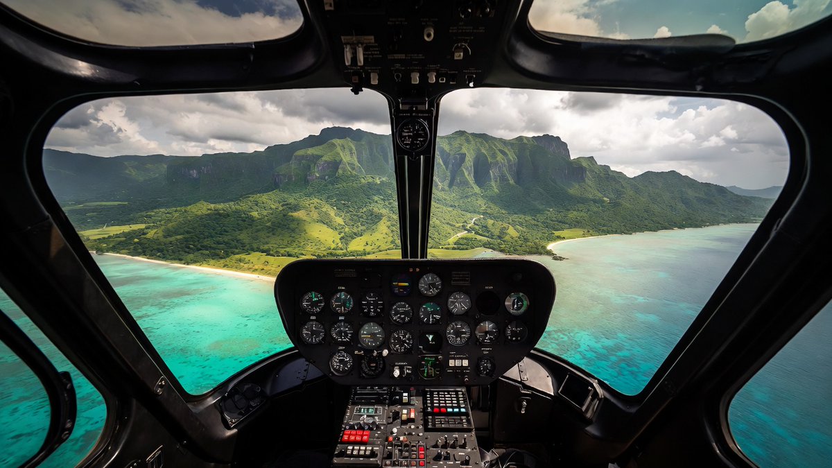 A Peaceful Escape - 16

A helicopter view over a tropical landscape with jagged green mountains, white-sand beaches, and vibrant turquoise ocean, emphasizing aerial freedom and untouched nature.

- Image by Grok