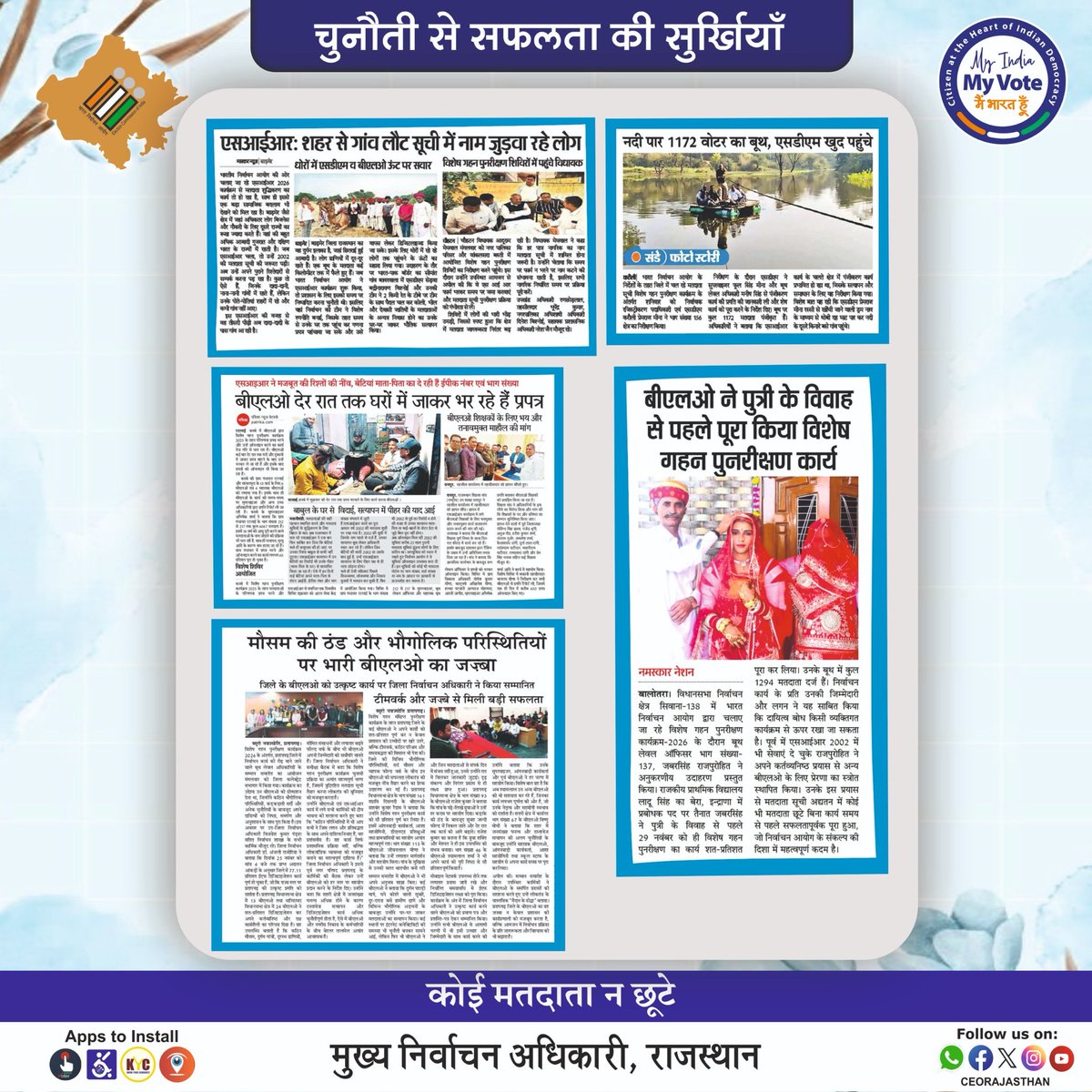 👉Do You Know..
☝️Day-14
☝️चुनौती से सफलता की सुर्ख़ियाँ- #BLOs ने अपने जज़्बे से राज्य की अलग-अलग भौगोलिक, सामाजिक चुनौतियों का सामना कर रचे सफलता के प्रतिमान 
🔗 राजस्थान निर्वाचन से संबंधित जानकारी के लिए जुड़े रहें लगातार...

#ECI  #Voterawarness #ElctoralLiteracy #ELC #SIR