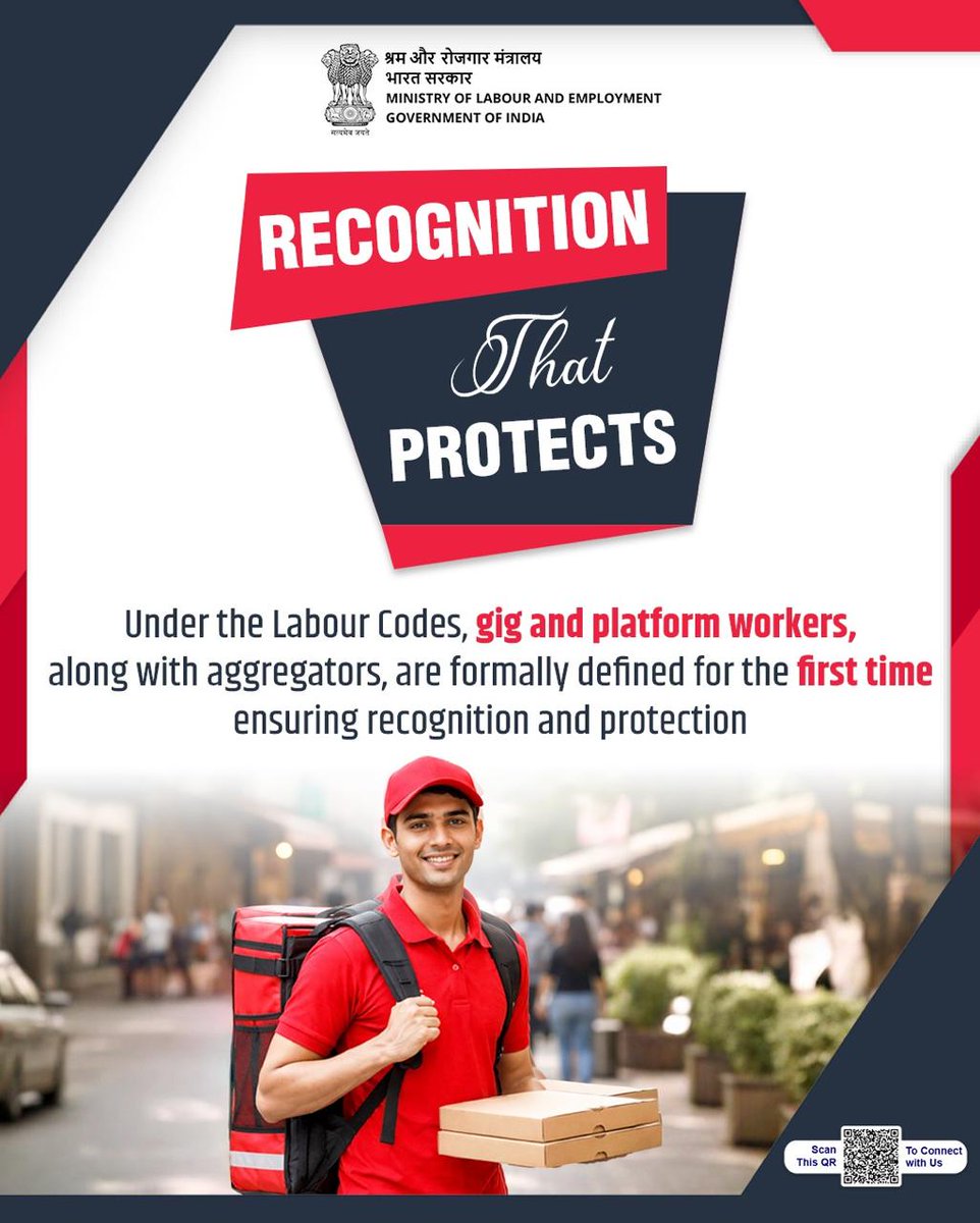 officialepfo's tweet photo. For the first time, the Labour Codes formally define gig and platform workers, along with aggregators — ensuring recognition, clarity and stronger protection for India’s evolving workforce.

Inclusive reforms for a changing economy. 🇮🇳

#LabourReforms4NewIndia
@narendramodi @PMOIndia @mansukhmandviya @ShobhaBJP @LabourMinistry @PIB_India @mygovindia