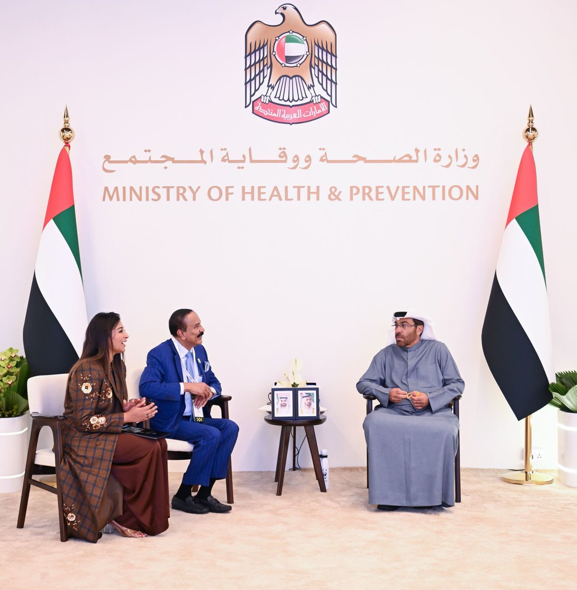 ASTERHealthcare's tweet photo. Our Founder Chairman, Dr. Azad Moopen, and Managing Director & Group CEO, Alisha Moopen, had the pleasure of meeting H.E. Ahmed bin Ali Al Sayegh, Minister of Health and Prevention, UAE, at the sidelines of World Health Expo (WHX) 2026 at the Dubai Exhibition Centre.

We look forward to working closely with the Ministry and partners in supporting the UAE’s vision for a future-ready, patient-centred healthcare ecosystem with lasting impact.

#WHX2026 #UAEHealthcare #HealthcareLeadership #FutureOfHealthcare #AsterDMHealthcare