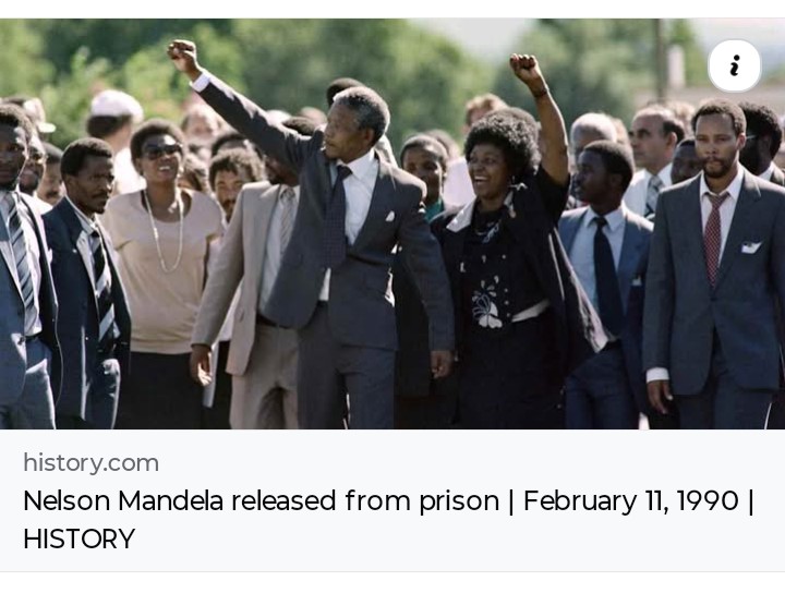 On February 11, 1990, Nelson Mandela was released from prison after 27 years of incarceration in South Africa for his anti-apartheid activism. 

Read more:
history.com/this-day-in-hi…