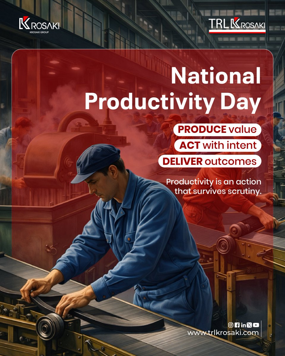 TRLKrosakiltd's tweet photo. On National Productivity Day, the focus is clarity over longer hours. Clear priorities drive impact, reduce waste, and strengthen decisions — the foundation of disciplined, reliable performance.

#NationalProductivityDay #Productivity  #TRLKrosaki https://t.co/xqHCMCRfWz