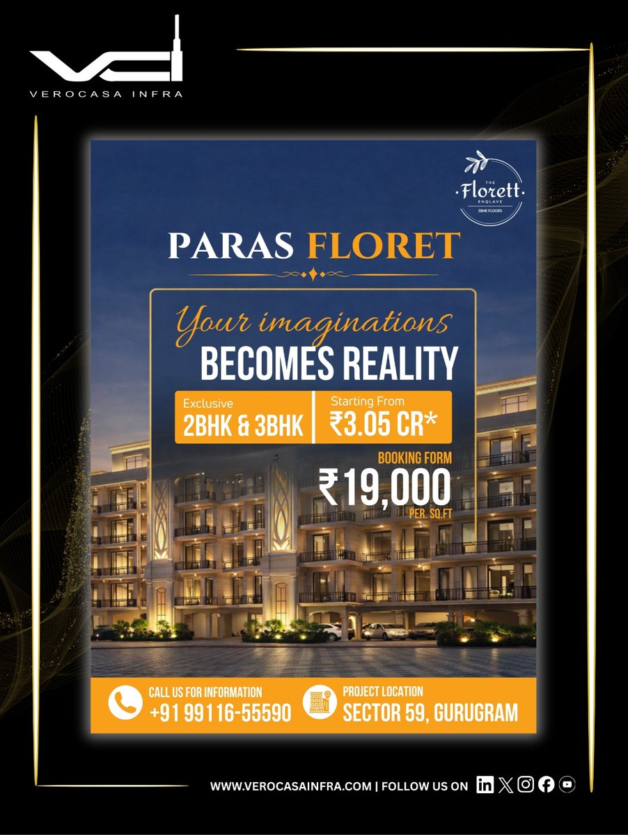 VeroCasa_Infra's tweet photo. β¨ Your Imagination Becomes Reality At Paras Floret.
Premium 2BHK & 3BHK Residences In Sector 59, Gurugram.
Starting From βΉ3.05 Cr* | βΉ19,000 per sq. ft.
π +91 99116 55590
π https://t.co/e3RZJUTcse
#parasfloret #gurugramrealestate #luxuryhomes #verocasainfra #premiumliving https://t.co/sKQ016dWcL