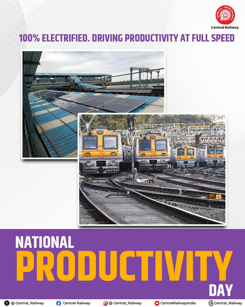 GM_CRly's tweet photo. This National Productivity Day, powering every mile with innovation, efficiency and a future-ready Central Railway. 🚆

#NationalProductivityDay #CentralRailway #InnovationInMotion #RailwayProductivity #IndianRailways https://t.co/mY44nFcnAs