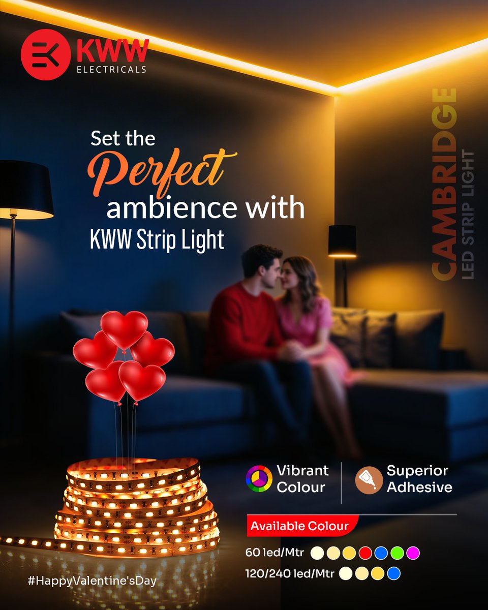 Create the perfect Valentine’s ambience -soft, soothing, and irresistibly romantic - with KWW Cambridge LED Strip lighting.
#cambridgeledlight #happyvalentinesday #LEDlight #LED #LEDLighting #Ecofriendly #kwwled #kwwelectricals #LEDlighting kwwelectricals.com
