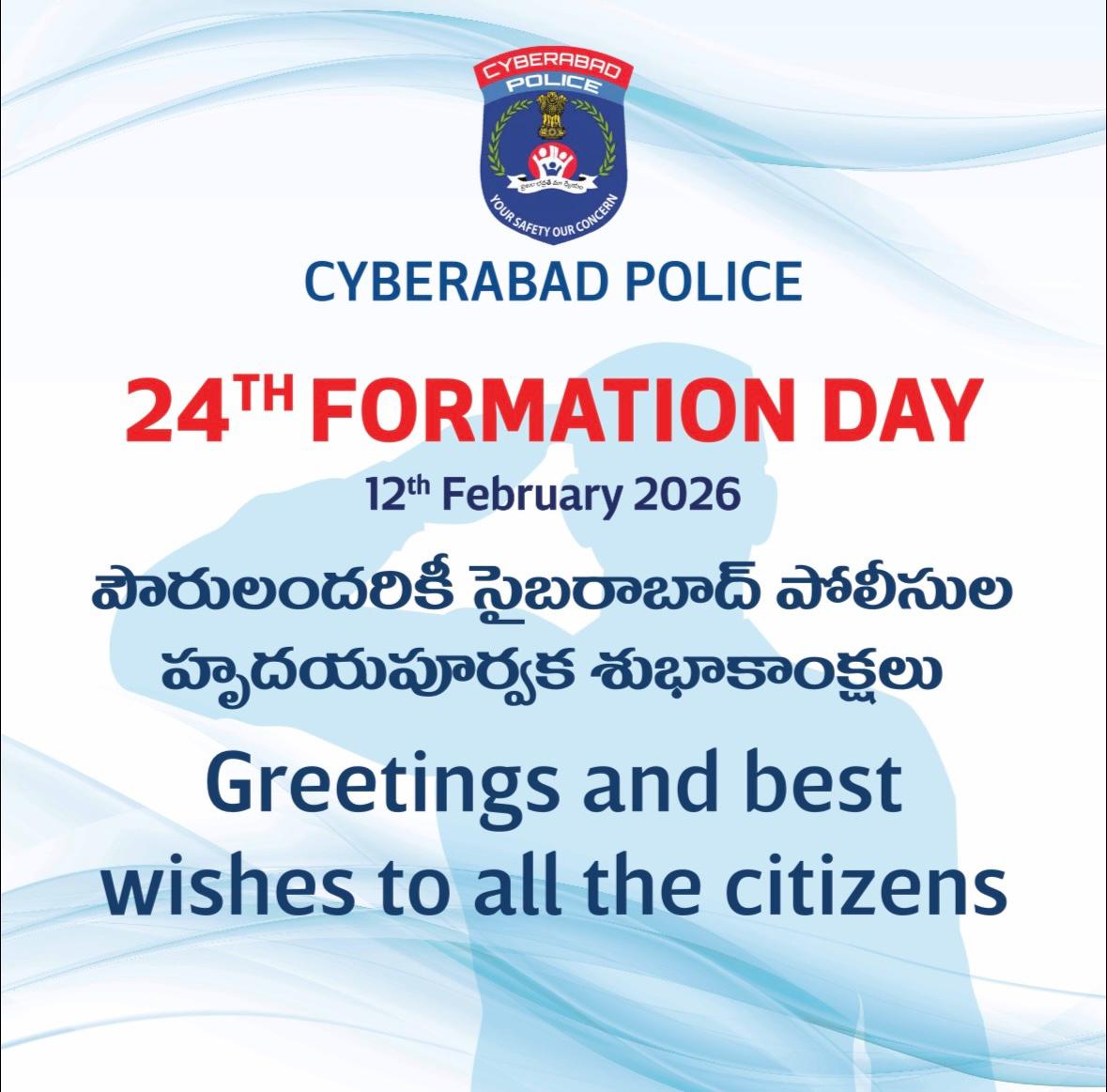 SCSC_Cyberabad's tweet image. Cyberabad Police 24th Formation Day

On this special occasion, we extend our heartfelt greetings and best wishes to all citizens.

SCSC salutes 23 Years of Excellence in Policing &amp;amp; Public Service with Commitment, Pride &amp;amp; Compassion.

#CyberabadPolice #FormationDay #SCSC