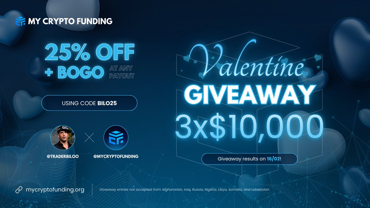 3x10000$ Fon çekilişi 

- Gönderiyi beğen 2 arkadaşını yoruma etiketle ve rt yap.
- <a href="/MyCryptoFunding/">My Crypto Funding</a> <a href="/MCFTurkiye/">My Crypto Funding Türkiye</a>  <a href="/TraderBiloo/">Trader Bilo</a> hesaplarını takip et.

Sevgililer günü kampanyası %25 indirimli fon alırsanız Payout sonrası aynı boyutta hesap bedava 
🎟️: BILO25