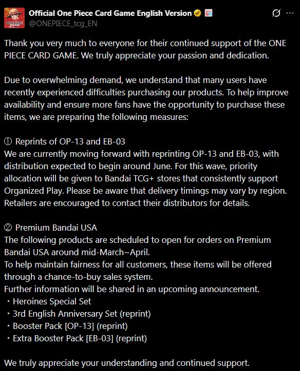 NineDelRey's tweet image. This is amazing news for people that plays and wants to collect. On my end i will be chasing the five elders alt arts and some manga’s. I want to grow my PC so bad! 

EB03 &amp;amp; OP13 reprints are coming around the summer #eb03 #op13 #onepiece #onepiececardgame