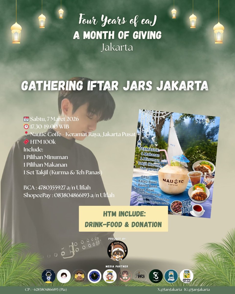 Gathering - Buka Puasa Bersama Jars Jakarta
📆 7 March 2026 pkl 17.30 – 19.00 WIB
📍 Nautic Coffee, Kramat Raya Jakarta Pusat
🎟️ HTM 100k
BCA : 4780355927 a/n Ulfiah
ShopeePay : 083804866193 a/n Ulfiah

💌 jarsjkt@gmail.com
📞 WA: +6283804866193 (Pia)