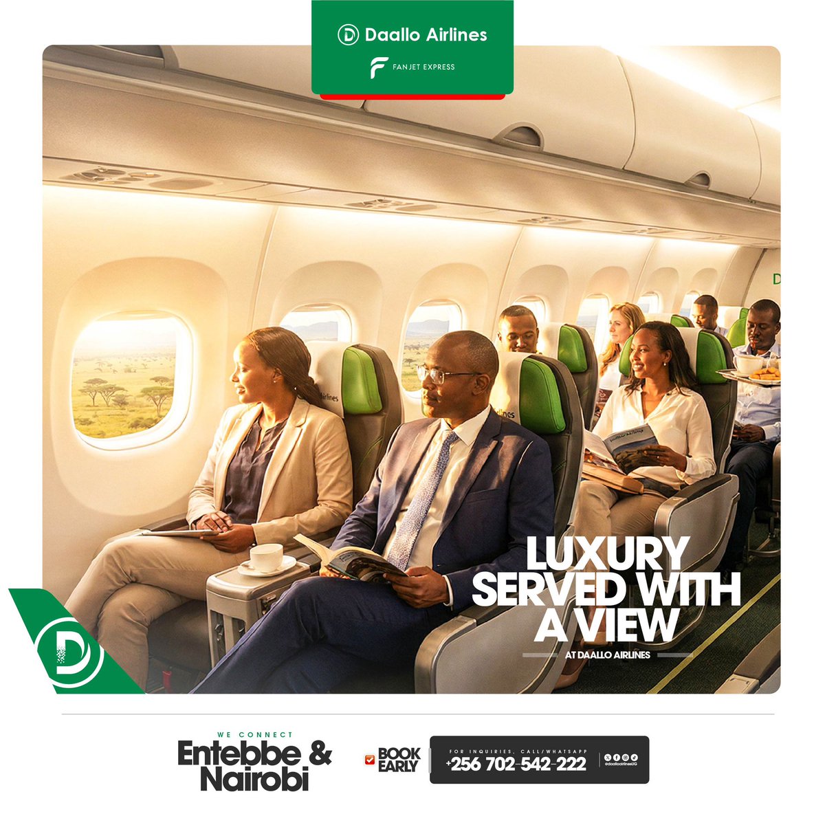 Comfort with a view ✈️
Don’t miss today’s flight.

📞 0702542222
💵 From $140

#FlyDaallo #DaalloAirlinesUG #FanjetExpress