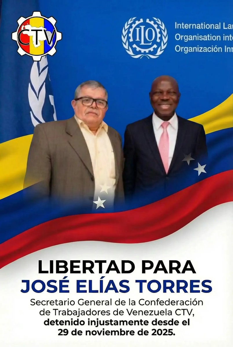 Con los Dirigentes Sindicales libres hay garantías de desarrollo  y progreso con su representatividad en pro de las reivindicaciones laborales de los trabajadores de #Vzla.
¡Libertad plena para José Elías Torres, Sec Gen (e) de la CTV y todos los que faltan! 
#LibertadYAmnistia