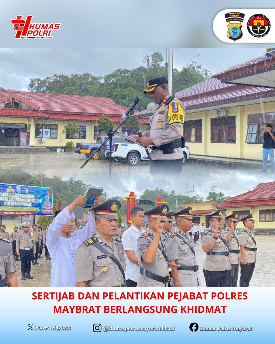MaybratPolres's tweet photo. Polres Maybrat melaksanakan Upacara Serah Terima Jabatan (Sertijab) dan Pelantikan sejumlah Pejabat Utama serta Kapolsek Ayamaru pada Kamis, 12 Februari 2026, pukul 09.30 WIT, bertempat di Lapangan Apel Polres Maybrat. https://t.co/Wa1es4BzIk