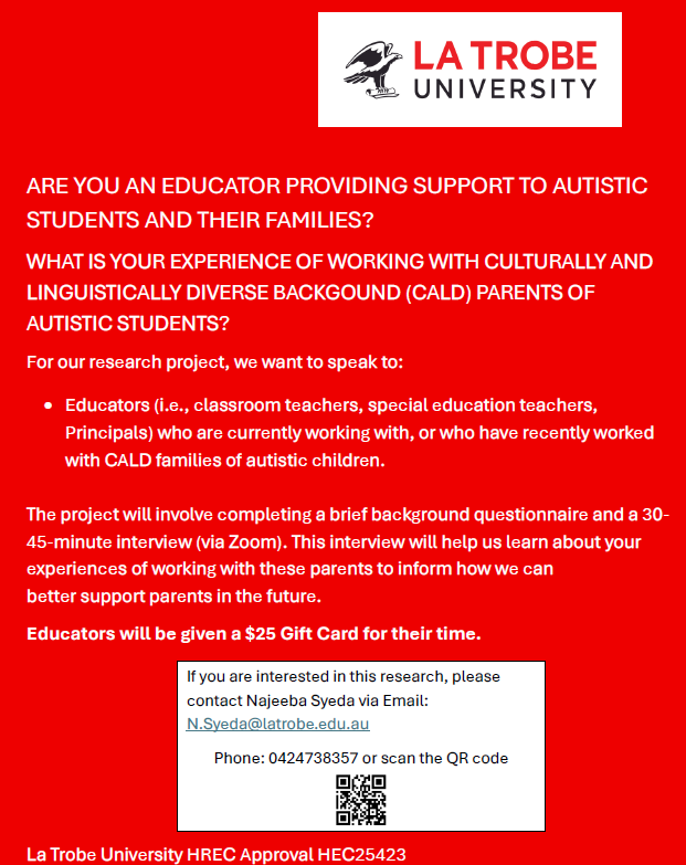 Are you able to assist <a href="/latrobe/">La Trobe University</a> PhD student Najeeba Syeda with her research on #autistic students from culturally and linguistically diverse backgrounds? This is an under-researched group and your insights will be valuable for improving practice. Please see details below: