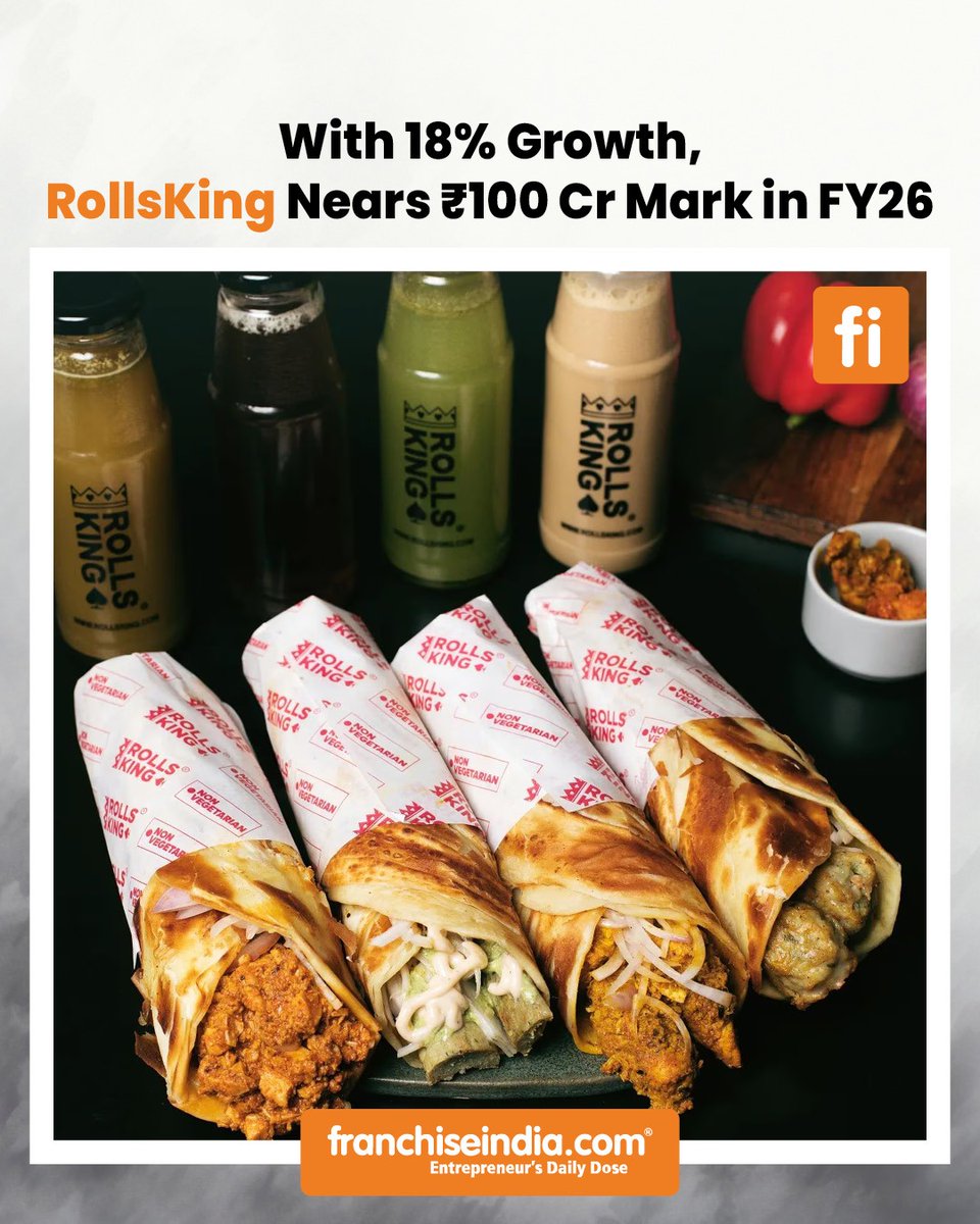 FranchiseIndia's tweet image. RollsKing FY25–26 GMV projected at ₹100+ crore, up 18% YoY. With 130+ outlets, the chain targets 28–40% growth in the next two years and deeper expansion in South &amp;amp; West India.

Read more: shorturl.at/jrs2u

#RollsKing #QSR #CloudKitchen #BusinessGrowth #GMVGrowth