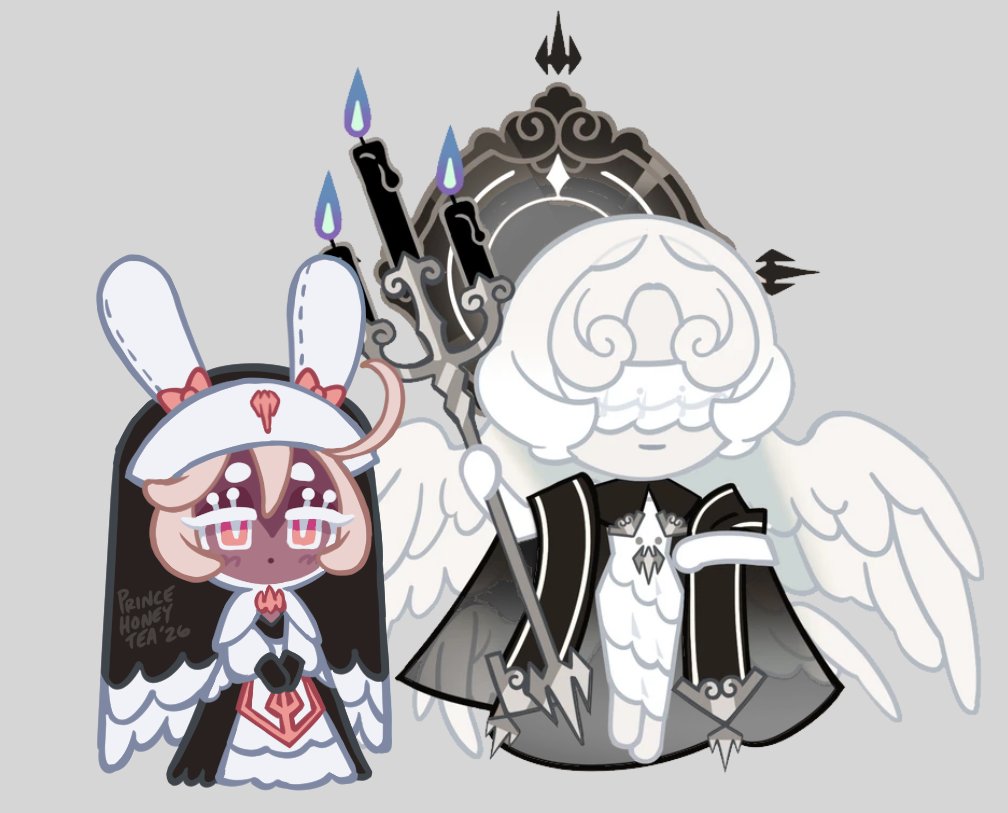 i fixed my st pastry order oc's details a teeny bit &amp; tried to draw her in crk style 🪽 doughael for scale cuz i like to think they're super tall. LOL