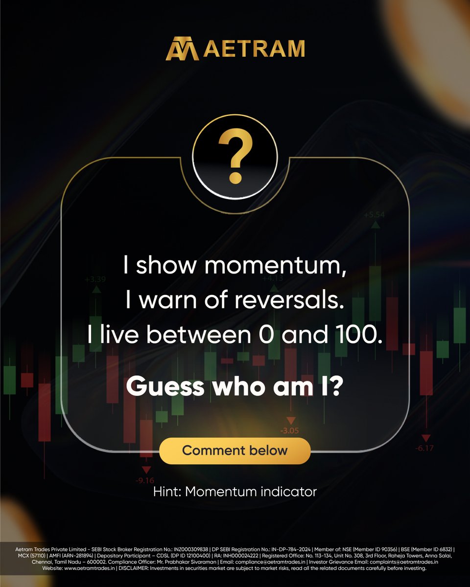 Aetramtrade's tweet photo. This indicator measures market strength and helps traders spot when momentum may fade.
It’s simple. Powerful. Used worldwide.
Can you name it? 👇
#Trading #TechnicalAnalysis #Aetram #tradewithaetram #technicalindicators #MomentumTrading https://t.co/OWlIEvIg9y