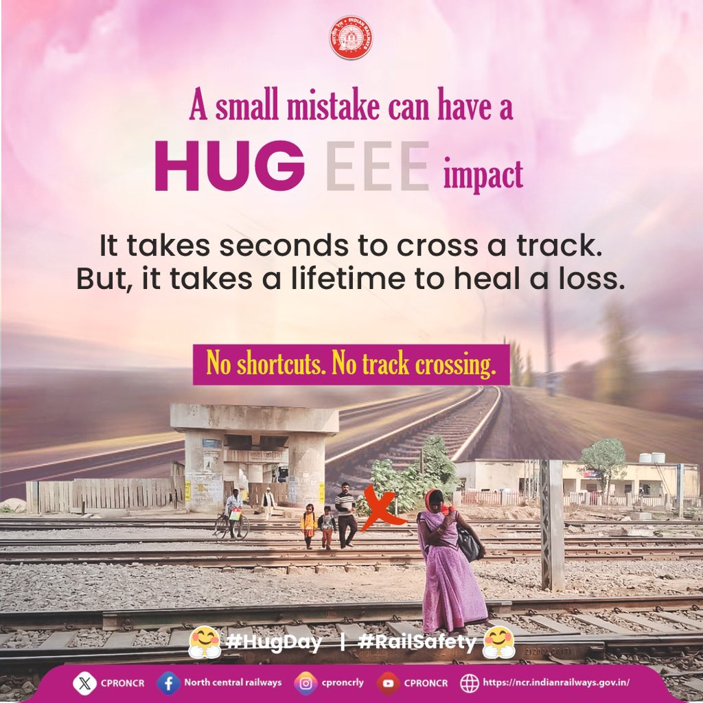 CPRONCR's tweet image. No shortcut is worth risking your life. 🚫
Avoid crossing railway tracks. Choose safety, every time. 🚉

Because the warmest hug is the one you return home for. 🤗

#HugDay #RailSafety #IndianRailways