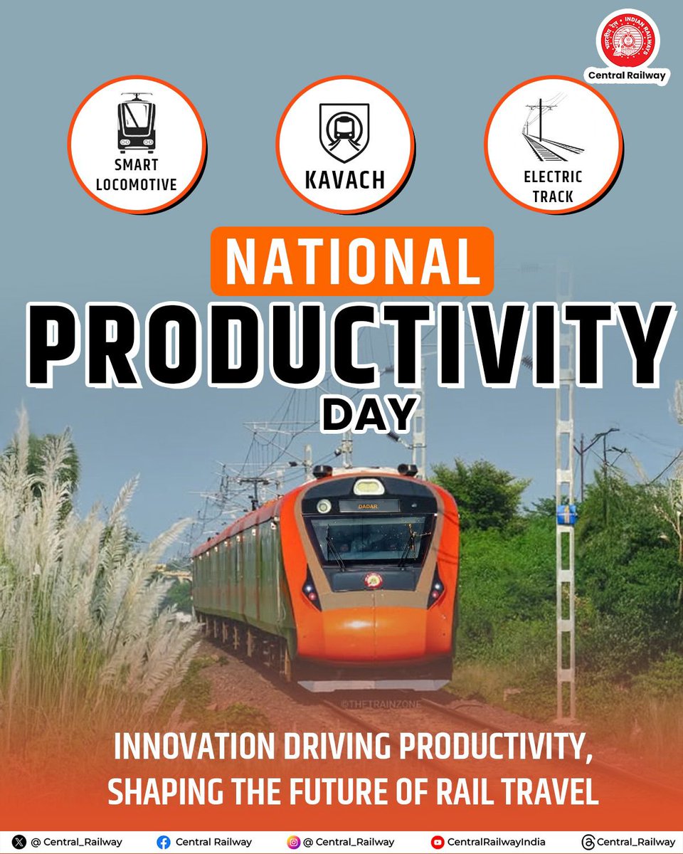 drmcrngp's tweet photo. This National Productivity Day, innovation and technology continue to enhance efficiency across Central Railway. 🚆
Modern systems, electrified routes and advanced safety solutions are shaping a future-ready rail network.✨

#NationalProductivityDay #CentralRailway https://t.co/5n5YGDTG6h
