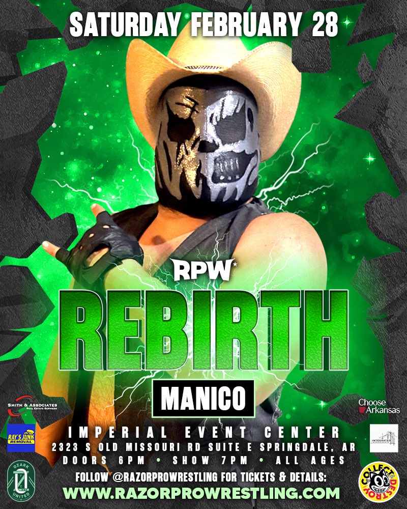 Manico is Cut From A Different Cloth.

Saturday, February 28th

Imperial Event Center
Springdale, AR 72764

Mark your calendars, bring your friends, and see you there! 🗓️

Follow razorprowrestling.com for tickets + details 🎟️

#razorprowrestling #rpw #prowrestling