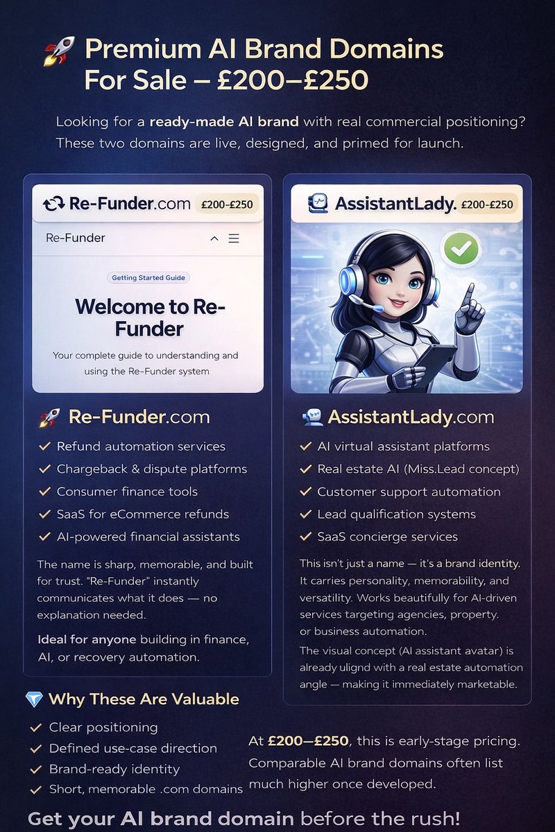 Head to ReadyBusiness.co.uk and secure a ready-made AI brand before someone else builds it first 🚀

Re-Funder.com and AssistantLady.com are live, positioned, and priced at just £200–£250 not just domains, but launch-ready business identities.