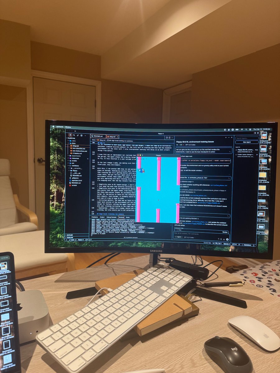 MehtaDontStop's tweet photo. Day 106 diving into machine learning. I'm marking the Flappy Bird RL env and agent solved.  Notable takeaways:
1. Solidifying curriculum into a single, repeatable training loop.
2. Switching from discrete phases in curriculum to a continuous ramp up of difficulty.
3. Holding the env steady and easy at beginning of training so the agent doesn't start with a moving target vs continuous ramp up from beginning
4. Simplifying reward design from 5 components to just +1 for passing pipe and -1 for dying.
5. Simplifying observations to just the base, objective data points (bird pos, dist from pipe, gap midpoint, gap height). 
6. LR decay so we don't unlearn things as training goes on.

These changes almost doubled performance of the agent. Simplicity is king in RL. Some things almost feel like philosophy (how would I teach a baby to do something). 

I'm putting together a blog post that covers my build process and takeaways. Stay tuned.