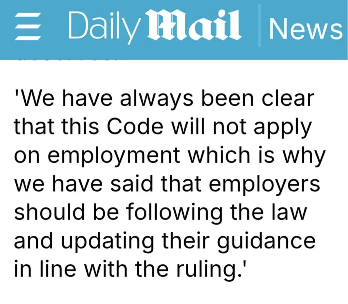 This is what lack of leadership looks like.

The government says it has “always been clear” that employers should not wait for the services code of practice and should get on with updating their policies.

dailymail.co.uk/news/article-1…