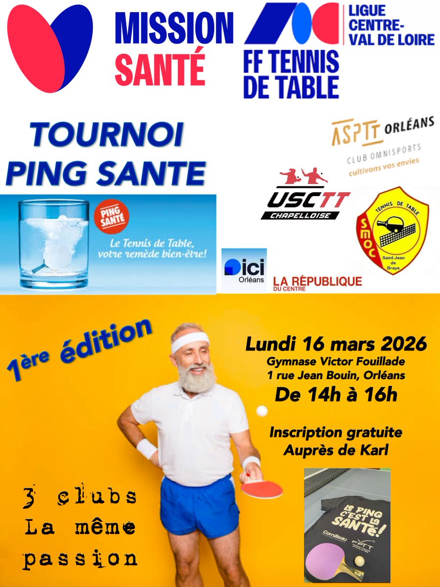 ASPTTOrleans's tweet photo. 🏓👍🔜 TOURNOI INTERCLUBS TENNIS DE TABLE SANTÉ le lundi 16 mars 2026, 14h-16h, à Orléans au Gymnase Victor Fouillade. Si vous souhaitez participer, n'hésitez pas à contacter l'un des trois clubs organisateurs qui vous mettra en relation avec Karl.
#pingpong  #Sante  #Sports https://t.co/2nr4B5uwBD