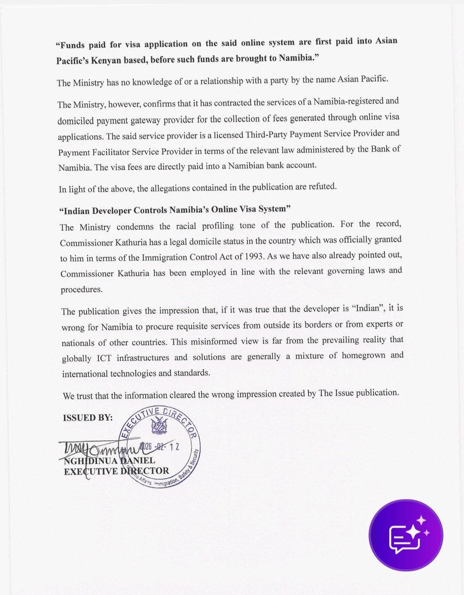 The Ministry of Home Affairs, Immigration, Safety and Security wishes to clarify and correct misinformation published regarding Namibia’s online visa system.

#VisaServices #FactCheck