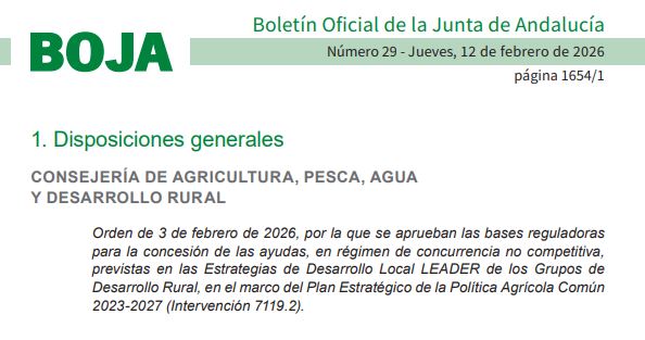 <a href="/Guadiodiel/">GUADIODIEL</a>     Hoy 12 de  febrero el #BOJA publica la orden de aprobación de las bases reguladoras de las #AyudasLEADER para el marco 2023-2027
El siguiente paso es que se publique la convocatoria de dichas ayudas para 2026. Atentos!!
#CostaOccidentalHuelva