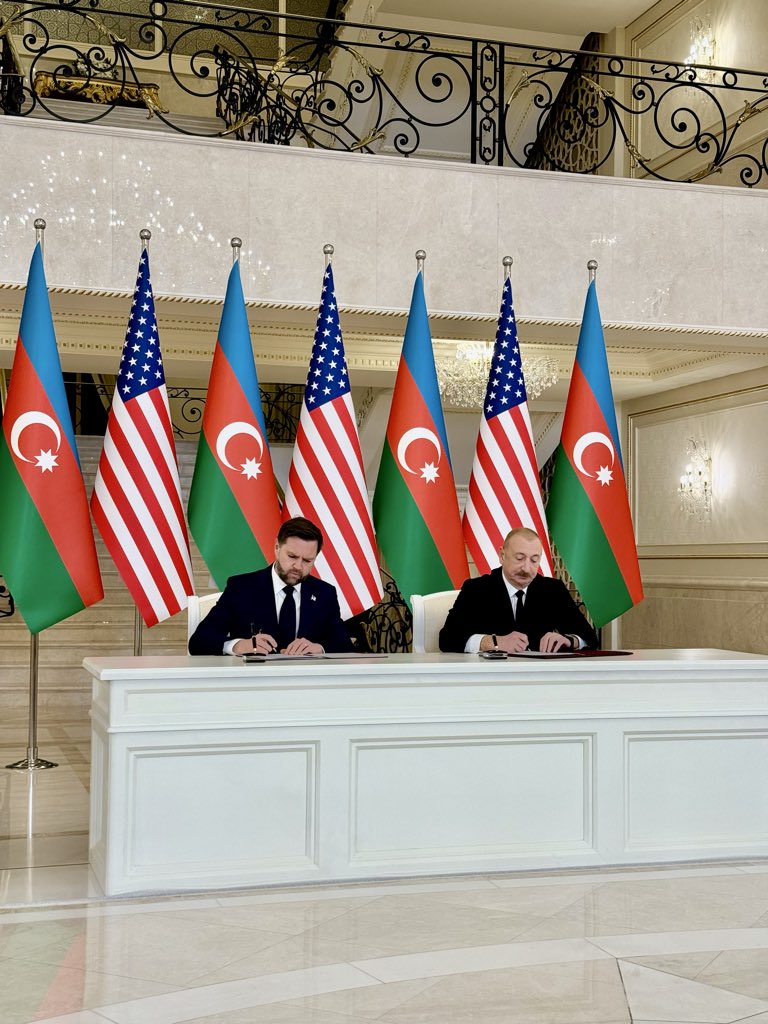 UnderSecE's tweet photo. Wrapped up a very productive stay in Baku, Azerbaijan. The hospitality and forward-looking energy of this city have been truly remarkable. It is clear the Trump administration's route for international peace and prosperity (TRIPP) will change the region forever. @VP Vance's historic visit has established a powerful foundation for regional stability and shared economic growth.