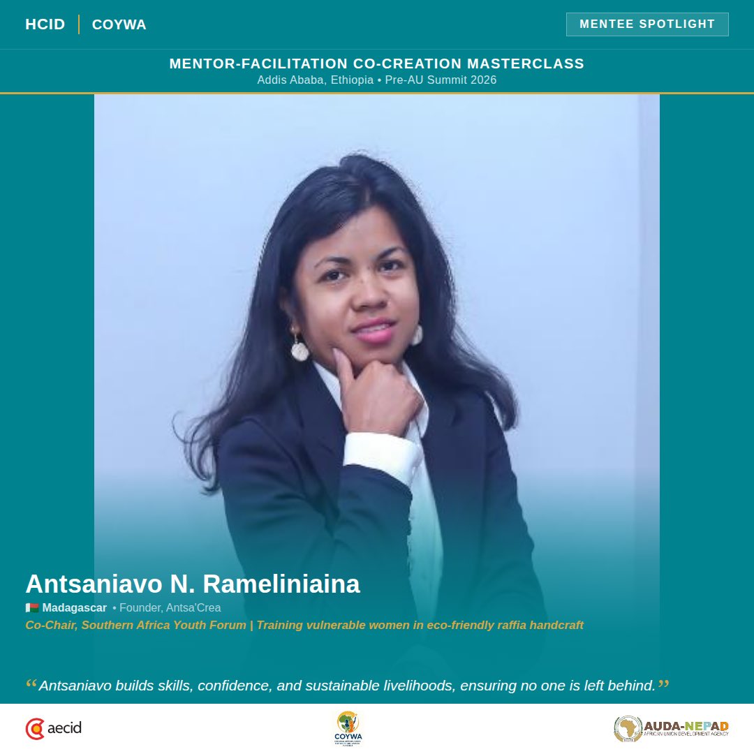 4/15 Spotlight 4: Antsaniavo Natolotsoa Rameliniaina (Madagascar)

Antsaniavo's entrepreneurial journey began at age 10, selling fruits in a remote area of Madagascar. Today, as Co-Chair of the <a href="/SAYoF_Official/">Southern Africa Youth Forum (SAYoF)</a> and founder of Antsa'Crea, she trains vulnerable young women and