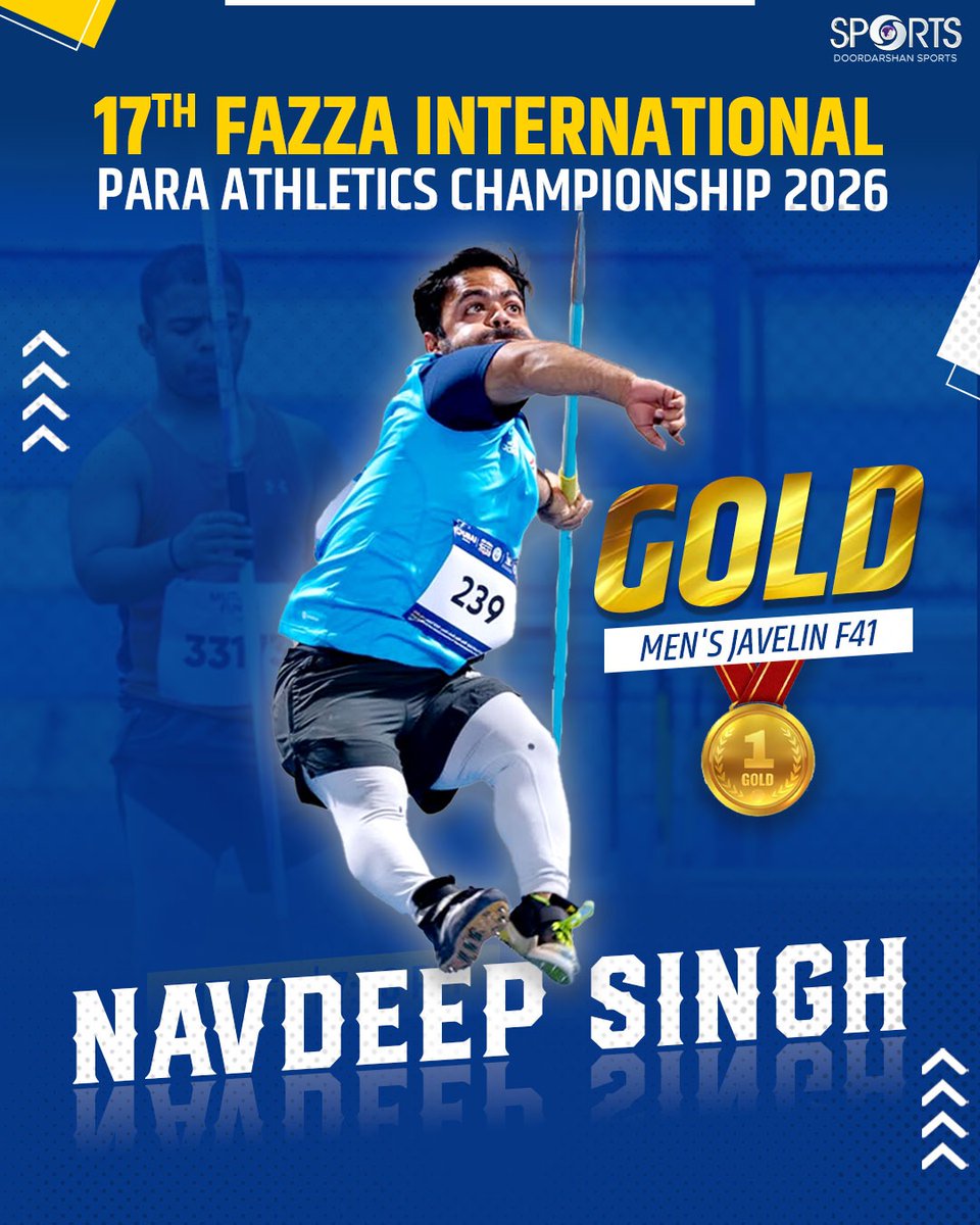 ddsportschannel's tweet photo. #ParisParalympics2024 Gold medallist Navdeep Singh bags GOLD with a 41.64m throw in Men’s Javelin F40/41 at the prestigious 17th Fazza International Para Athletics Championship 2026 in Dubai.
Many congratulations, champ 👏
#NavdeepSingh #ParaAthletics #JavelinThrow #WorldParaAthletics #IndiaAtParaSports #GoldMedal #Champions
@Media_SAI @PCI_IN_Official @Navdeepjavelin @IndiaSports