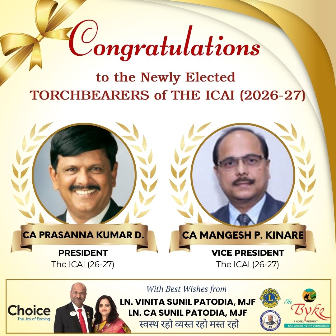 CAsunilpatodia's tweet photo. Congratulations to @TheICAI Torchbearers #CA Prasanna Kumar D. on becoming the 74th President and #CA Mangesh P. Kinare on his election as Vice President of #TheICAI. Wishing them success in their efforts to elevate The ICAI to even greater heights! https://t.co/Vnnkl3I9YZ