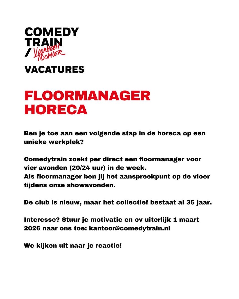 clubToomler's tweet image. Club Comedytrain zoekt enthousiaste horeca professionals die bijdragen aan onvergetelijke avonden! Interesse? Wij maken graag kennis met je! 

Bekijk de volledige vacature omschrijvingen op  Comedytrain.nl/Vacatures 

#Comedytrain #Comedyclub #Culturelevacature #Amsterdam