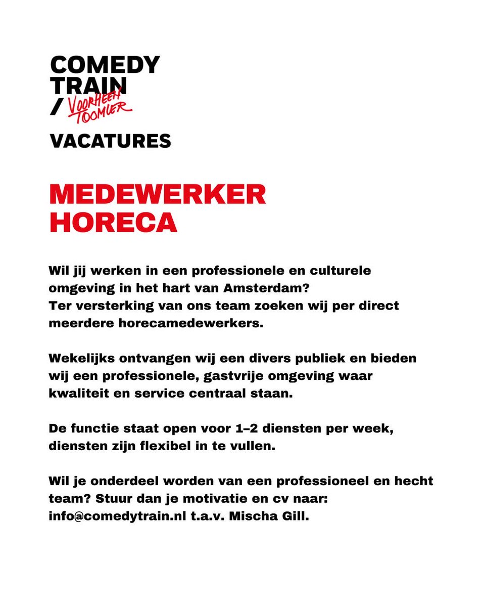 clubToomler's tweet image. Club Comedytrain zoekt enthousiaste horeca professionals die bijdragen aan onvergetelijke avonden! Interesse? Wij maken graag kennis met je! 

Bekijk de volledige vacature omschrijvingen op  Comedytrain.nl/Vacatures 

#Comedytrain #Comedyclub #Culturelevacature #Amsterdam
