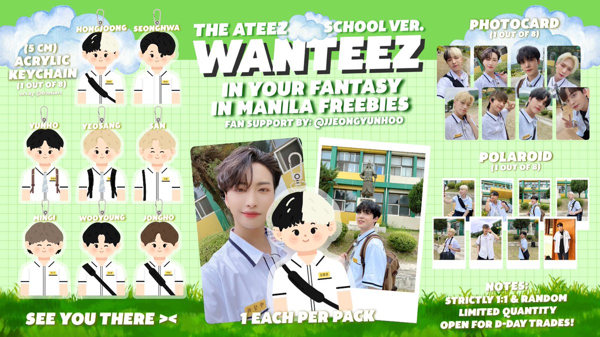 ATEEZ IN YOUR FANTASY IN MANILA FAN SUPPORT &amp; FREEBIES PT.1

𝚠𝚊𝚗𝚝𝚎𝚎𝚣 𝚝𝚑𝚎 𝚜𝚌𝚑𝚘𝚘𝚕 𝚟𝚎𝚛 𝚙𝚊𝚌𝚔! 💭
✎ mbf, rt, &amp; like
✎ to claim, find me on d-day (loc tba)
✎ see pics for details

see you!

#InYourFantasy_MNL #ATEEZinManila
#ATEEZ #에이티즈