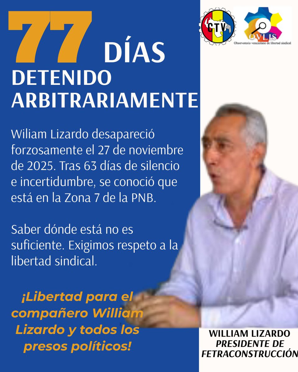 El compañero William Lizardo no cometió un crimen; ejerce un derecho que el Estado intenta borrar con celdas. La libertad sindical no se negocia.

¡Exigimos libertad plena y Amnistía General ya para el compañero William Lizardo!

#Venezuela
#PresosPolíticos