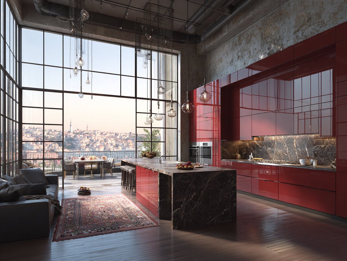 CabinetDIY's tweet image. Glossy red cabinets meet industrial grit ❤️ Vibrant color, raw concrete, and a view that creates the perfect backdrop. 
#RedKitchen #CabinetDIY #IndustrialChic #ModernDesign