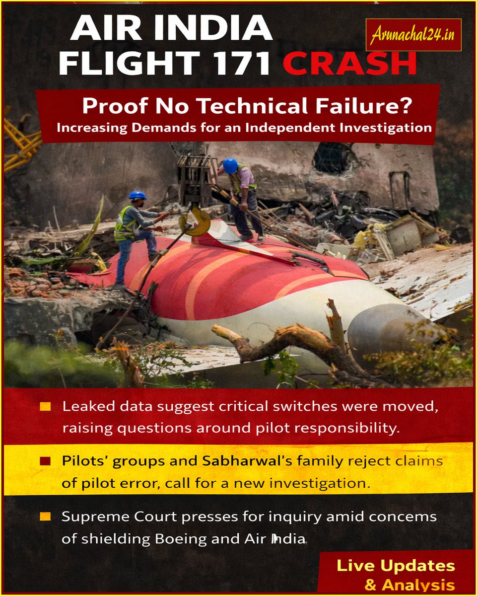 Arunachal24in's tweet image. Italian report citing Western sources claims no technical fault in #AI171 crash, sparking legal and industry debate before final AAIB report.

Read More- arunachal24.in/ai171-crash-pr…

#AirIndia #AviationSafety #Flight171 #IndiaNews