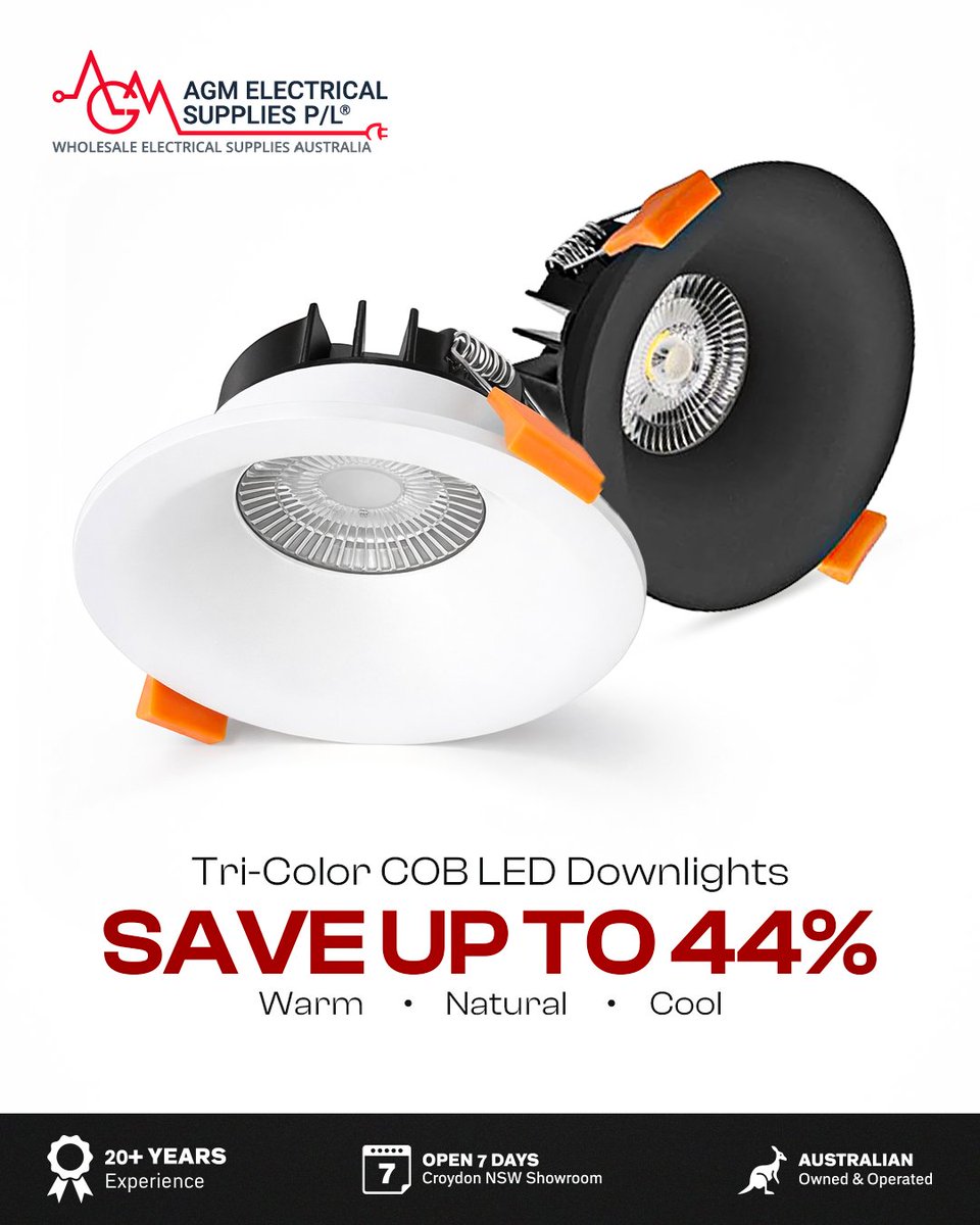 ElectricalAgm's tweet image. Illuminate your space with our Tri-Color COB LED Downlights now up to 44% off! Switch between warm, natural, and cool tones effortlessly. 

Shop bulk deals today: agmelectrical.com.au/buy-led-light/…

#LEDDownlights #LightingSale #AGMElectrical
