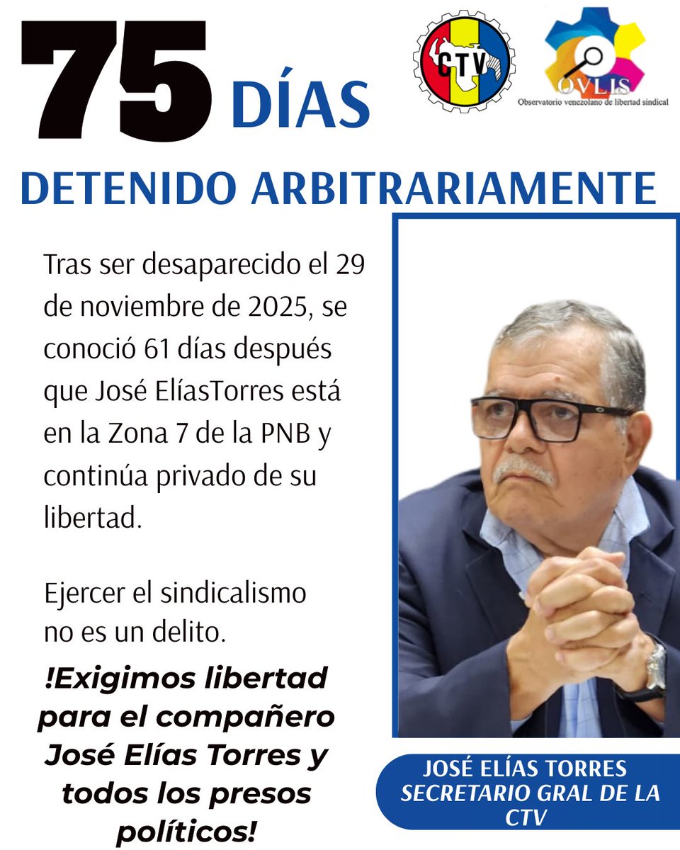 La detención del Secretario General de la CTV es criminalizar la historia misma del movimiento sindical. Defender el salario y la vida no es un delito, es una obligación moral.

¡Exigimos libertad plena y Amnistía General ya para el compañero José Elías Torres!

#Venezuela